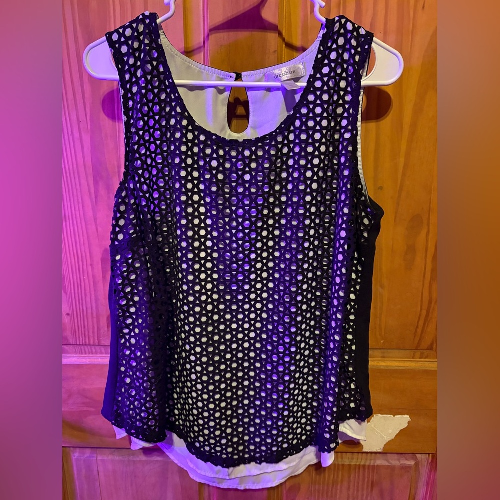 dressbarn Black Lattice Overlay Tank with White Lining
